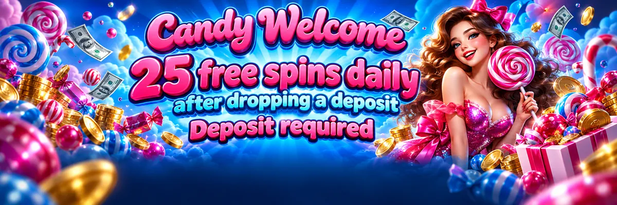 Glossy 3D cartoon woman presenting a giant blue lollipop, wrapped candies, coins, and floating banknotes against blue rays with pink accents.